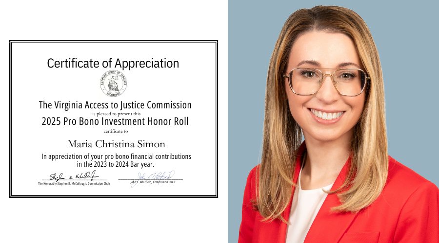 Maria Simon with 2025 Pro Bono Investment Honor Roll award for contributions to civil legal access in Virginia